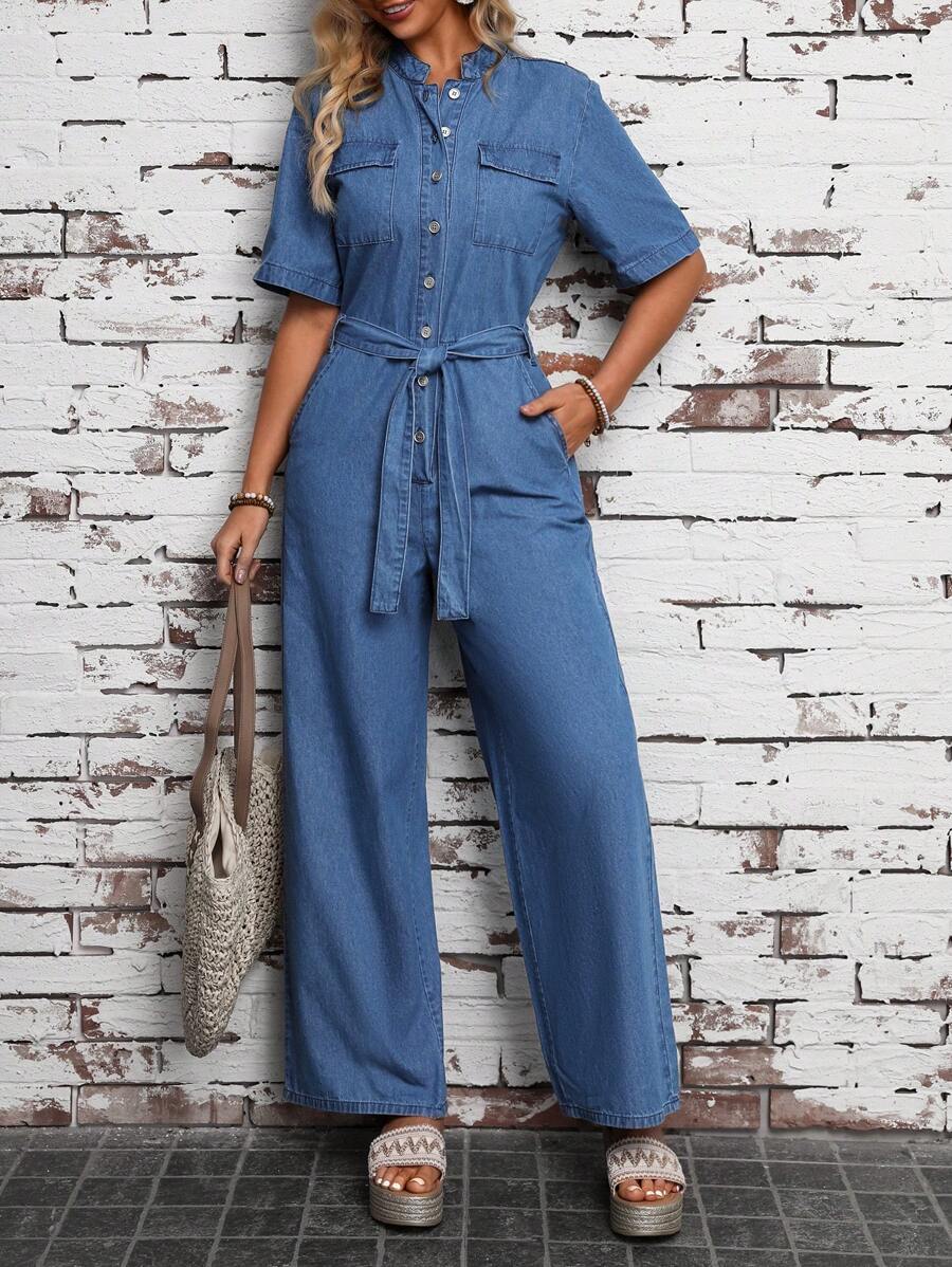 SHEIN LUNE Denim Wide Leg Jumpsuit With Front Button Closure - Blue - View 1