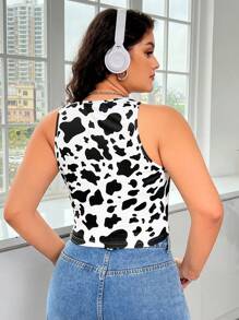 SHEIN EZwear Women's Plus Size Tight Knitted Tank Top With Cow Print Pattern - Black and White - View 2