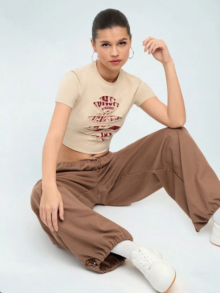 Letter Print Ripped Crop T-Shirt