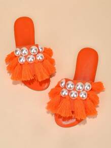 Dép xăng đan đế bằng đính ngọc trai và trang trí thời trang với đế trong suốt, thích hợp cho trang phục đi biển, trang phục mùa hè. - Màu Cam cháy - Xem 3