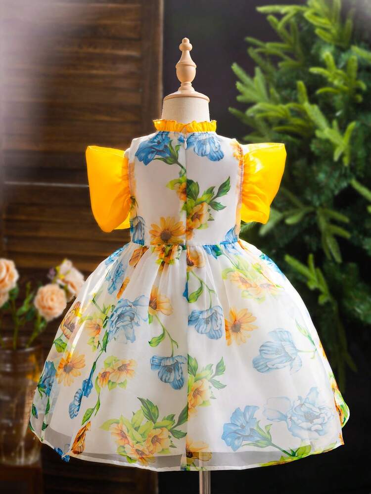 Young Girl's Shift Dress With Peter Pan Collar, Contrast Front Bow & Flower Pattern
