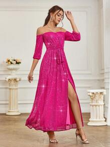 SHEIN Belle Women's Off Shoulder Belted Slit Sequin Formal Dress Formal Ball Gown For Women - Hot Pink - View 5