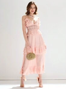 Enchnt Vestido Largo De Tejido Pastel Rosa Con Inserto De Encaje, Volantes Y Adornos - Rosa Pálido - Ver 2