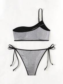 SHEIN Swim Mesh Contrast One Shoulder Bikini Set With Separated Bikini Set Summer Beach - Black - View 5