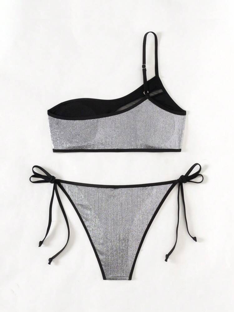 Mesh Contrast One Shoulder Bikini Set With Separated Bikini Set Summer Beach