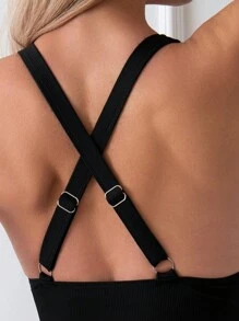 SHEIN Swim Women's Solid Color Slim Fit Deep V-Neck Ruched Top And Bottom Swimwear Set, For Summer, Beach, Travel, Vacation, Swimming Pool - Black - View 5