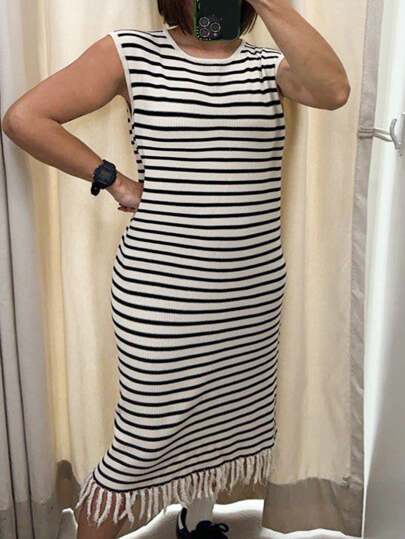 Flirla Plus Size Sleeveless Striped Sweater Dress