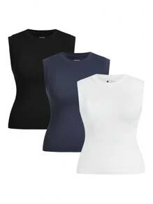 SHEIN Velisys Plus Size Women's Solid Color Ribbed Athletic Tank Top - Multicolor - View 5