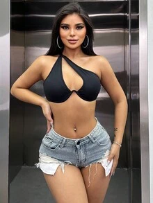 VaVaBold 纯色单肩镂空超短款上衣 - 黑色 - 查看 3