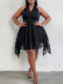 Maweii Plus Size Solid Color Splice Lace V-Neck Halter Neck Dress - Black - View 3