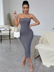 SHEIN SXY Solid Tube Bodycon Dress - Dusty Blue - View 6