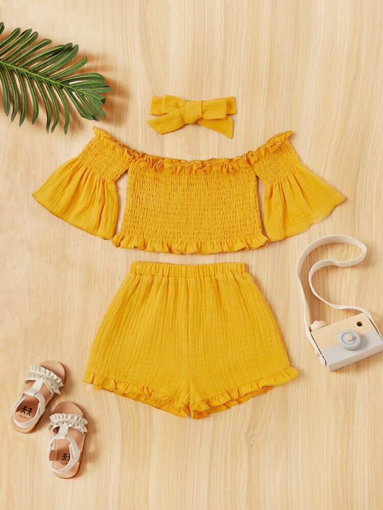 Baby Girl Adorable Holiday Plain Ruffled Off Shoulder Top & Shorts Set With Headband, 3pcs