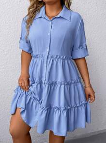 SHEIN Clasi 大码女式单排扣荷叶边连衣裙 - 淺藍色 - 查看 4