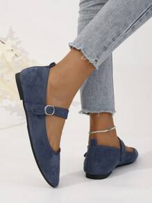 秋冬女士时尚舒适软底复古平底带扣鞋 - 藍色 - 查看 3
