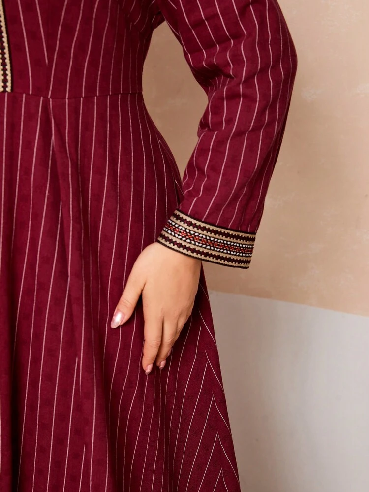 Burgundy Red Plus Size Striped Spliced Belted Button Detail Dress
