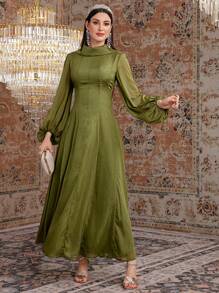 Modelyn Solid Color Round Neck Lantern Sleeve Cinching Waist Dress - Green - View 1