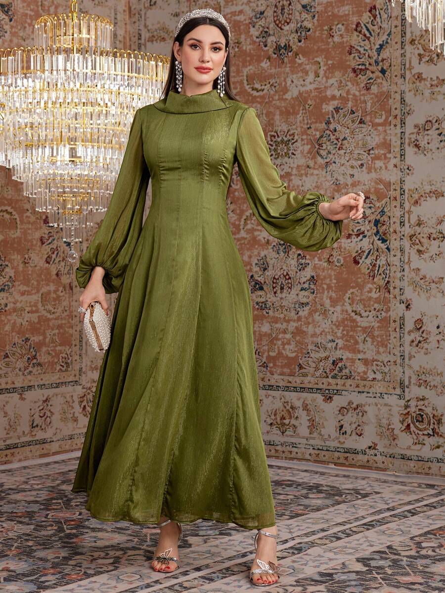 Modelyn Solid Color Round Neck Lantern Sleeve Cinching Waist Dress - Green - View 1