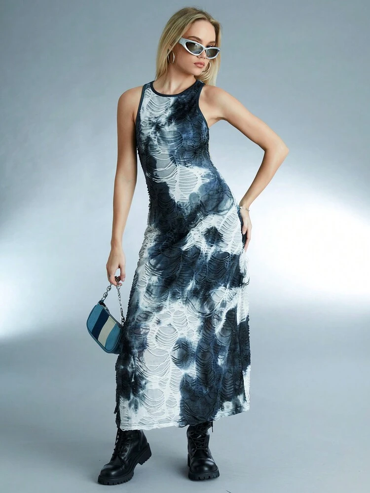 Summer Fashion Club Tie-Dye Sleeveless Ripped Mini Dress