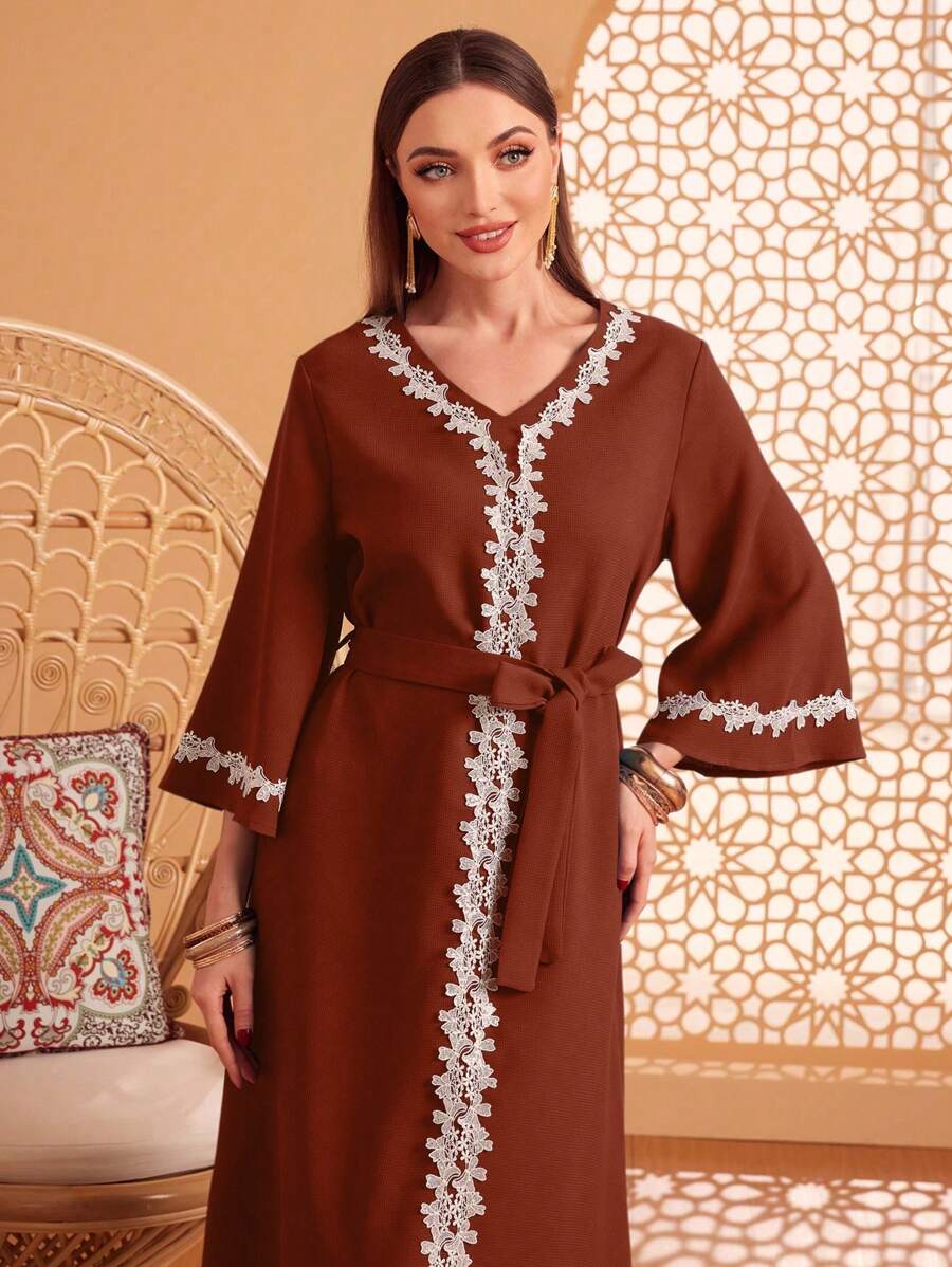 Al Najma Contrast Lace Patchwork Flare Sleeve Dress - Burnt Orange - View 1