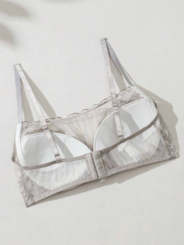 Lace Contrast Mesh Wireless Bra, Lingerie