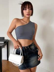 DAZY 女士不对称肩部修身上衣 - 深灰色 - 查看 2