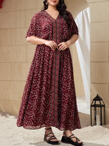 Mulvari Burgundy Red Plus Size Women's Floral Print Batwing Sleeve Dress - Burgundy - View 6