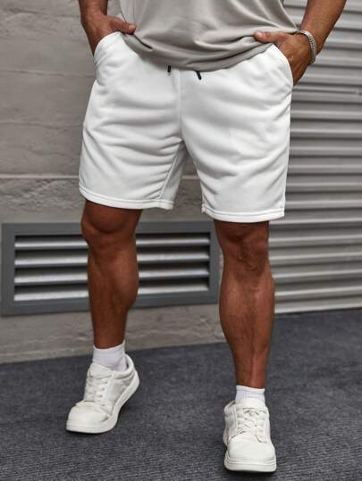 Manfinity CasualCool Men's Solid Color Drawstring Waistband Shorts With Slant Pockets, Plain White Jogger Drawstring Shorts, For Husband, Boyfriend Gifts, White Shorts