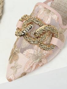 2025 Autumn Women Elegant Pink Mesh Embroidered Flat Pointed Toe Mule Slides (Shoe Surface Pattern Random) - Pink - View 4