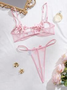 SHEIN Set de lencería con lazo delantero con abertura con aro - Rosa - Ver 2