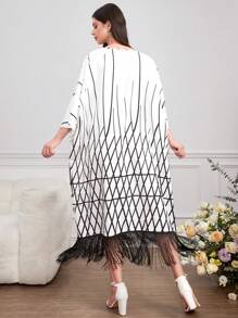 Momance Vestido floral suelto con cuello en V, mangas 3/4 y bajo en línea A con flecos para maternidad - Blanco y Negro - Ver 2