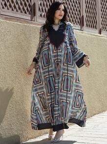 Al Najma Women's Loose Fit Printed Notched Collar Dress With Flared Sleeves, Modest Full Length Casual Jalabiya - Multicolor - View 9