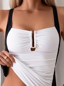 SHEIN Swim Conjunto de tankini con cuello cuadrado fruncido y bloques de color de verano - Multicolor - Ver 4