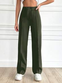 RueChic Của phụ nữ Màu thuần Giải trí Giò thẳng Quần - Màu xanh lá cây đậm - Xem 1