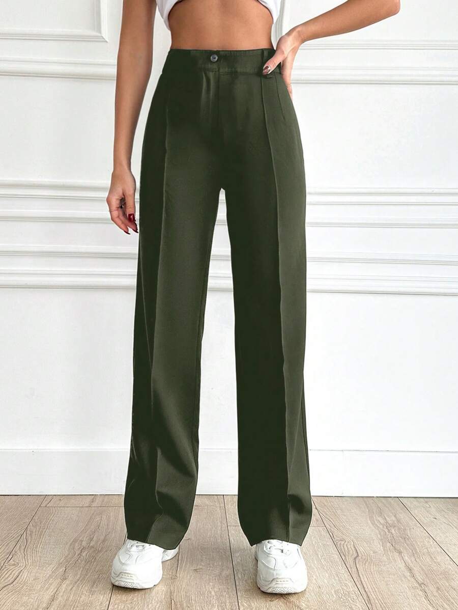 RueChic Của phụ nữ Màu thuần Giải trí Giò thẳng Quần - Màu xanh lá cây đậm - Xem 1