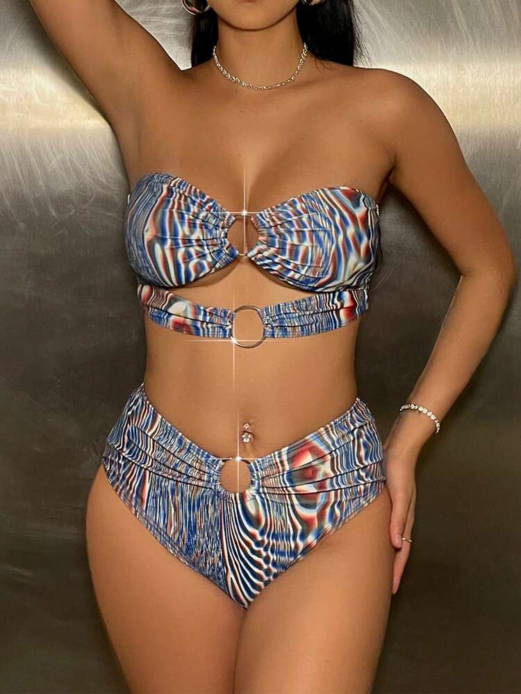 Holographic Print Bikini Set With Circular Detailing And Strapless Top, Bandeau Bikini Set Bathing Suit Beach Outfit Music Festival Summer Vacation Summer Beach