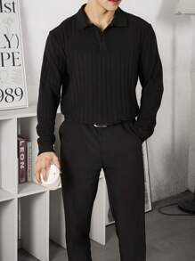 Manfinity Homme 男士純色麻花紋針織長袖套頭衫 - 黑色 - 查看 1