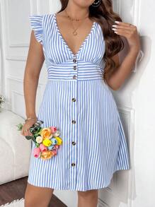 Flirla Damen Große Größen V-Ausschnitt gestreiftes Rüschen Saum Kurzarm Knopfleiste elegantes Arbeitskleid für den Sommer