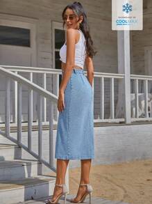 EMERY ROSE Coolmax Front Button Denim Skirt - Blue - View 2