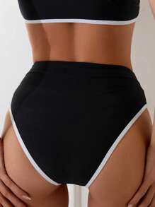 SHEIN Swim Summer Beach Contrast Color Trim V-Waist Swimwear Bottom - Black and White - View 2