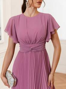 SHEIN Belle Solid Color Elegant Pleated Twisted Knot Ruffle Sleeve Bridesmaid Dress