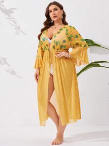 SHEIN VCAY 大尺碼花卉印花拼接波浪袖和束腰泳衣外套 - 彩色 - 查看 5