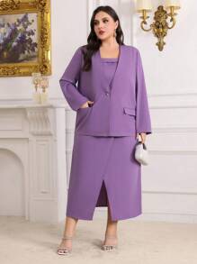 Modelyn Plus Size Solid Color Single Button Blazer And Slit Hem Dress Set - Purple - View 5