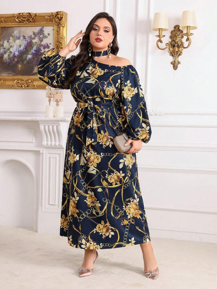 Plus Size Floral Printed Asymmetrical Collar Lantern Sleeve Dress Long Evening Dresses