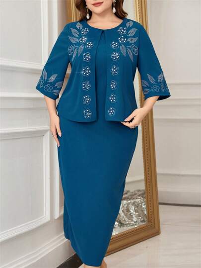 Lacomfia Vestido talla grande con decoraciones de tachuelas con rhinestones y cuentas, vestido largo para mujer