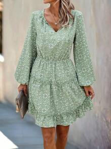 SHEIN Clasi In Tay áo lồng đèn Đầm Với Ruffle Cạnh Hem - màu xanh lá - Xem 1