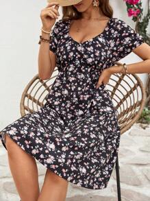 SHEIN VCAY Women's Ditsy Floral Print Cinching Waist Dress