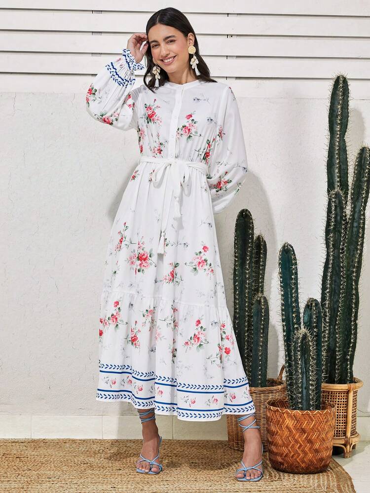 Women'S Floral Printed Lantern Long Sleeve Belted Shirt Dress