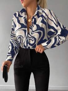 SHEIN Cottnline Women's Elegant Random Printed Blouse - Navy Blue - View 4