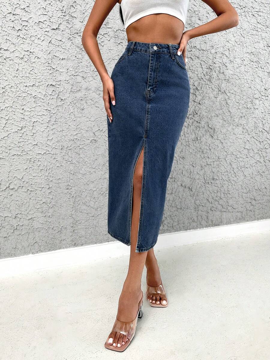 EURMUSE Women's Denim High Slit A-Line Skirt - Dark Wash - View 1