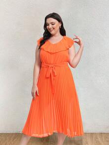 Plus Size Women's V-Neck Belted Pleated Dress With Ruffle Trim - Orange - View 4
